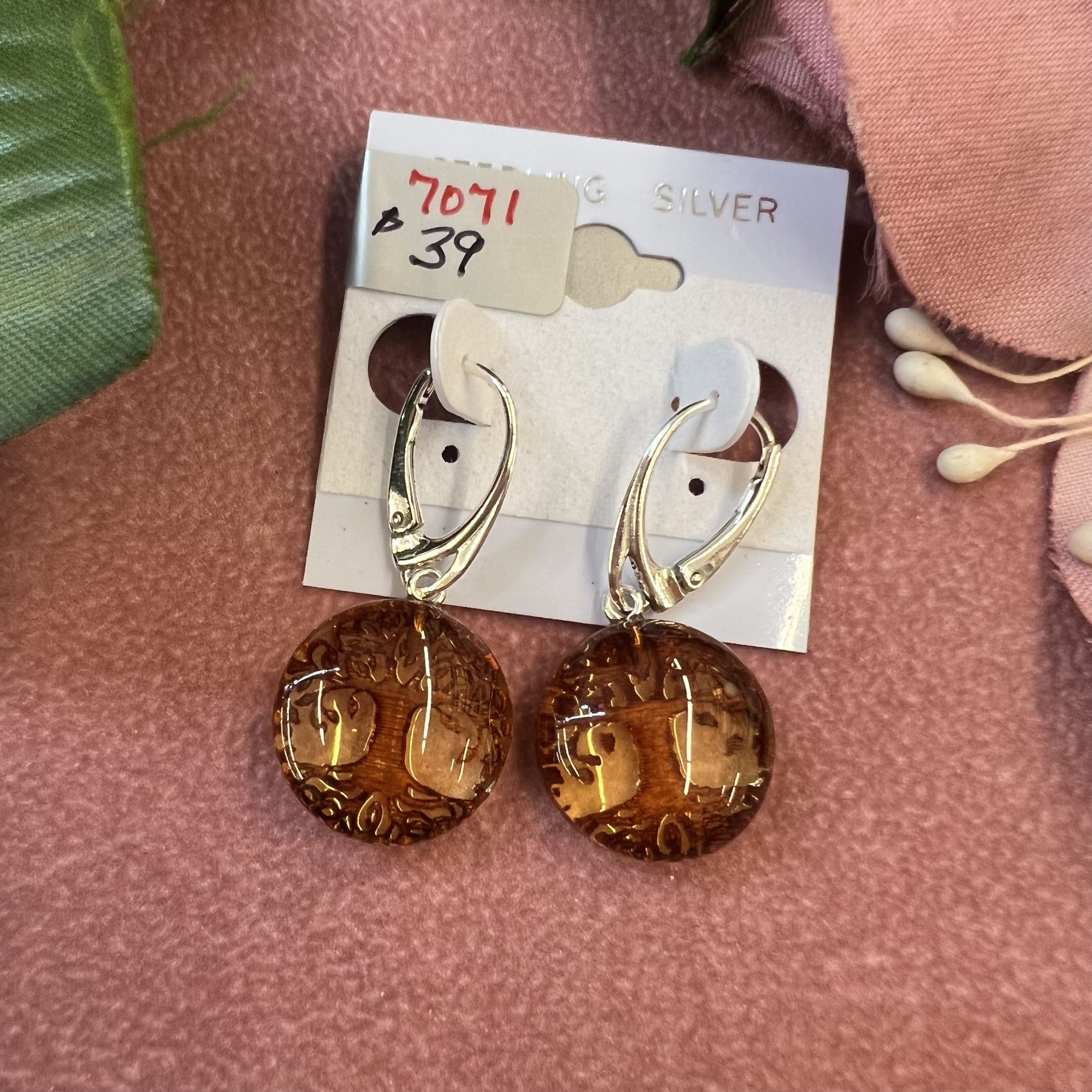 Real Amber Earrings In Sterling Silver, Tree Of life. Secure Lever Backs