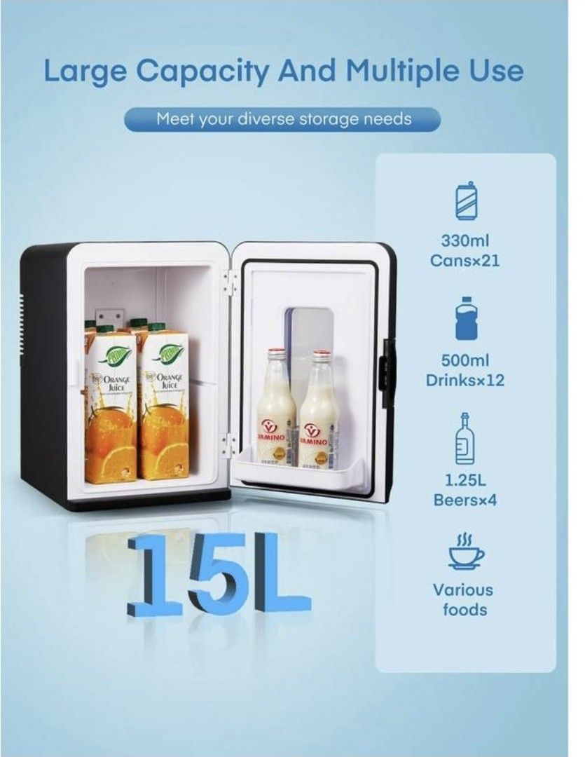 15L Mini Fridge, 21 Can Bedroom Refrigerator, Portable Cooler &Warmer, Beverage & Skincare, 110V/12V, Black