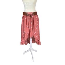 Rue21 Women’s Large Pink Floral Lined High Low Skirt with Belt Flowy Sheer