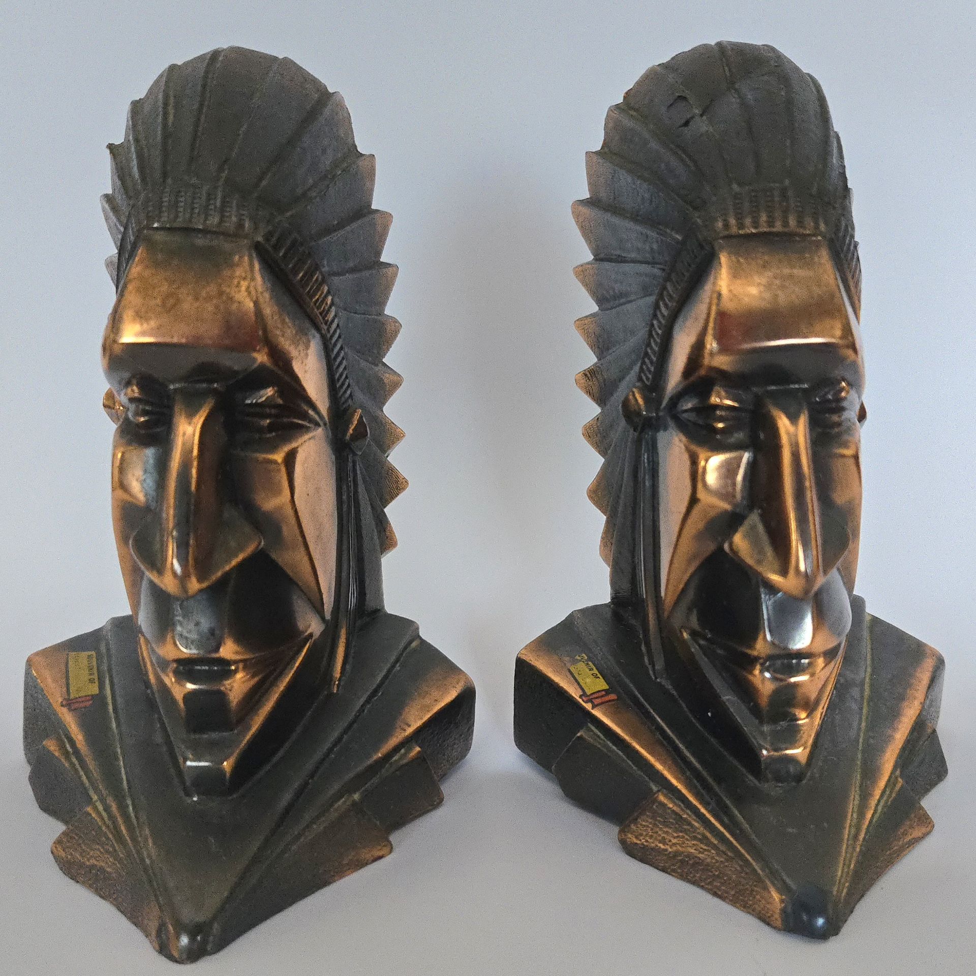 Vintage Art Deco Native American Chief Head Bookends Pair Bronze Tone Heavy