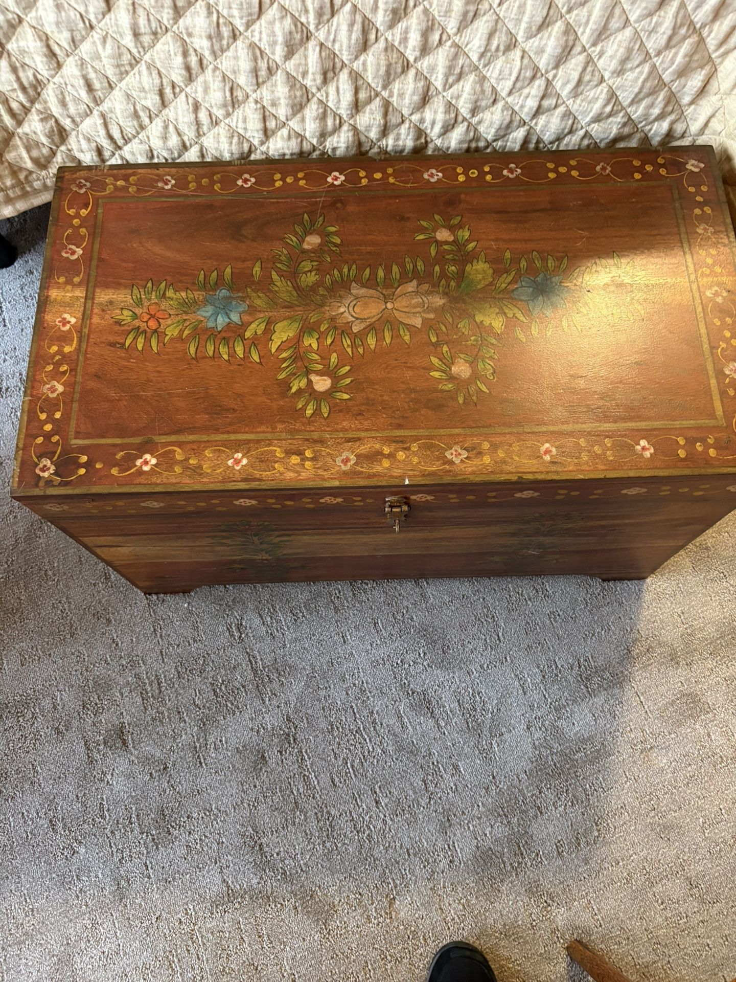Vintage Solid Wood Blanket Chest With Floral Design