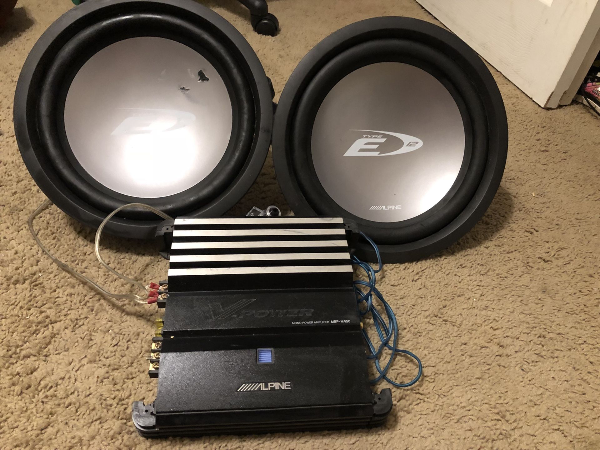 Two 12 inch Alpine Type E subs with Alpine amp and all cords for Sale