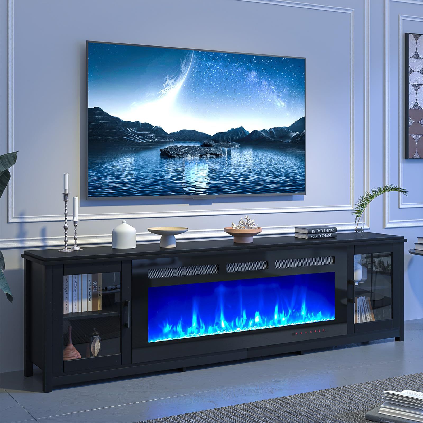 oneinmil 80" Fireplace TV Stand, 50 Inch Electric Fireplace & Modern Entertainment Center, TV Console with Adjustable Shelf & Glass Door for TVs Up to
