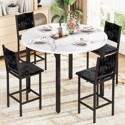 Round Dining Table Set of 4, Black Hand-Woven Velvet Bar Stool Counter Height Round Kitchen Table and Chairs, Easy to Assemble & Clean, Apartments, Ki