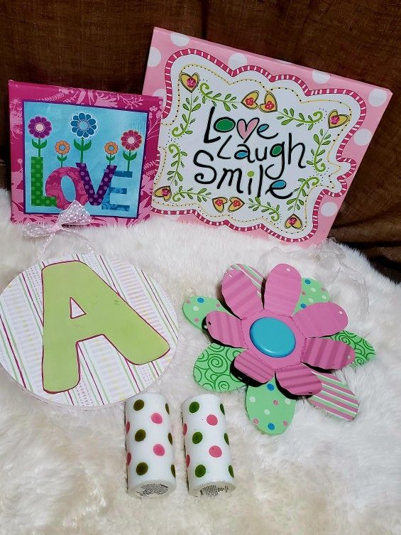 HOBBY LOBBY / HOME GOODS Little Girl's Bedroom Decor. Wall Art Canvas / "A" Plaque / Metal Flower / Candles •SELLING ALL AS A SET 🌸🎀💕