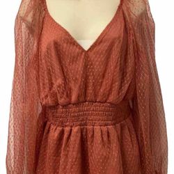 ✨New✨ Adult Women Large Orange Rustic Copper Blouse V-neck Sheer Sleeves Elastic Waist