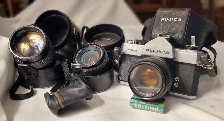Fujica ST701 35mm SLR Camera. Ricoh Rikenon 135mm Len, J.c. Penney Multi 55mm, Lens