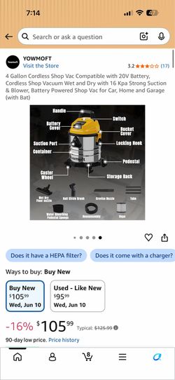 4 Gallon Cordless Shop Vac Compatible with 20V Battery, Cordless Shop Vacuum Wet and Dry with 16 Kpa Strong Suction & Blower, Battery Powered Shop Vac