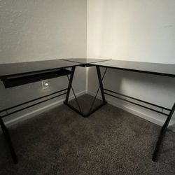 L Shaped Glass Top Metal Frame Desk W/chair