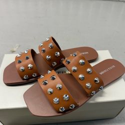 New Marc Fisher Brown Leather Studded Women’s Sandals 8 Us Size 