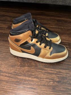 6.5 Big Kids Air Jordan 1 Mid Black and Gold Sneakers