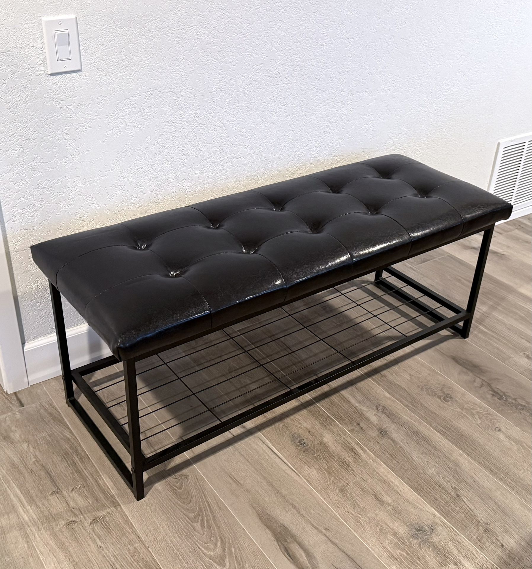 Espresso Faux Leather Bench + Built-in Shoe Rack