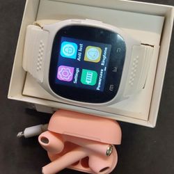 M-Series White Smart Watch  + 5.0 Powder Pink Wireless Earbuds 