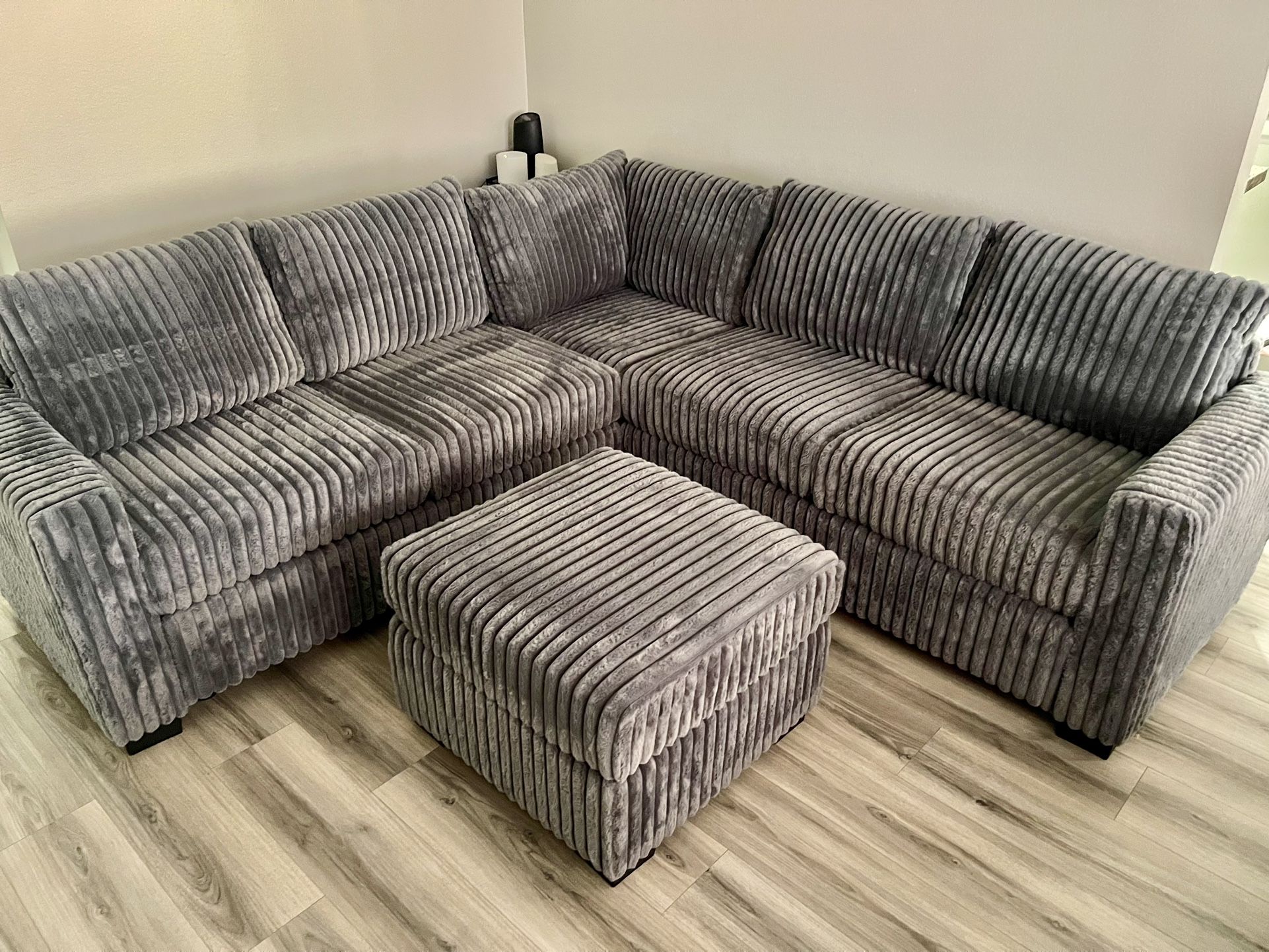 Grey Sectional Sofa + Ottoman - Soft Grey Corduroy