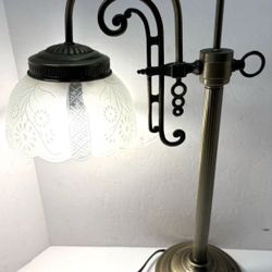 Art Deco Nouveau Revival Style Bridge Arm Brass Table Lamp w/Frosted Glass Shade