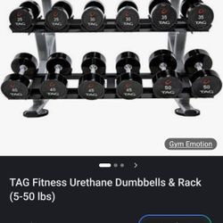 TAG Fitness 5 through 50lb Urethane Dumbbell Set With Rack