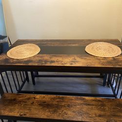 Rustic Farm Table Set – Sturdy Metal Frame, Great Condition!