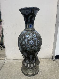 Large Antique Moroccan(or Middle East) Handmade Ceramic Footed Vase from Fez with Silver Filigree