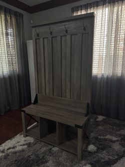 Rustic Entryway Hall Tree with Bench | Homenations Craftsman 39.85-Inches Washed grey Composite Hall Tree