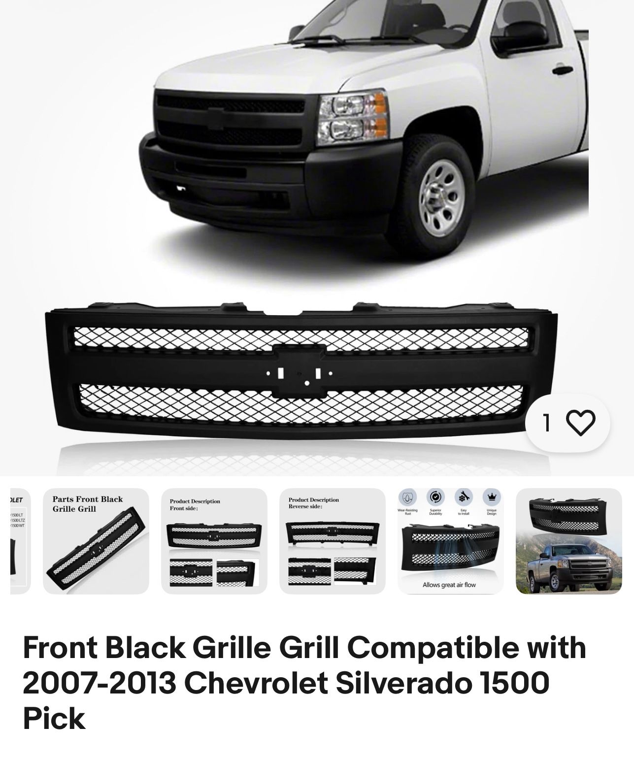 Front Black Grille Grill Compatible with 2007-2013 Chevrolet Silverado 1500