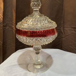 Vintage. Indiana Glass Diamond Point Cranberry Red Flash Pedestal Candy Dish with Lid. 