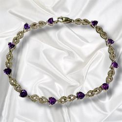 Sterling Silver Heart Amethyst Bracelet 7.25in