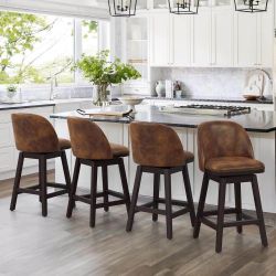 Brown/Faux leather 26-in H Counter height Upholstered Swivel Wood Bar Stool 4 -Pack