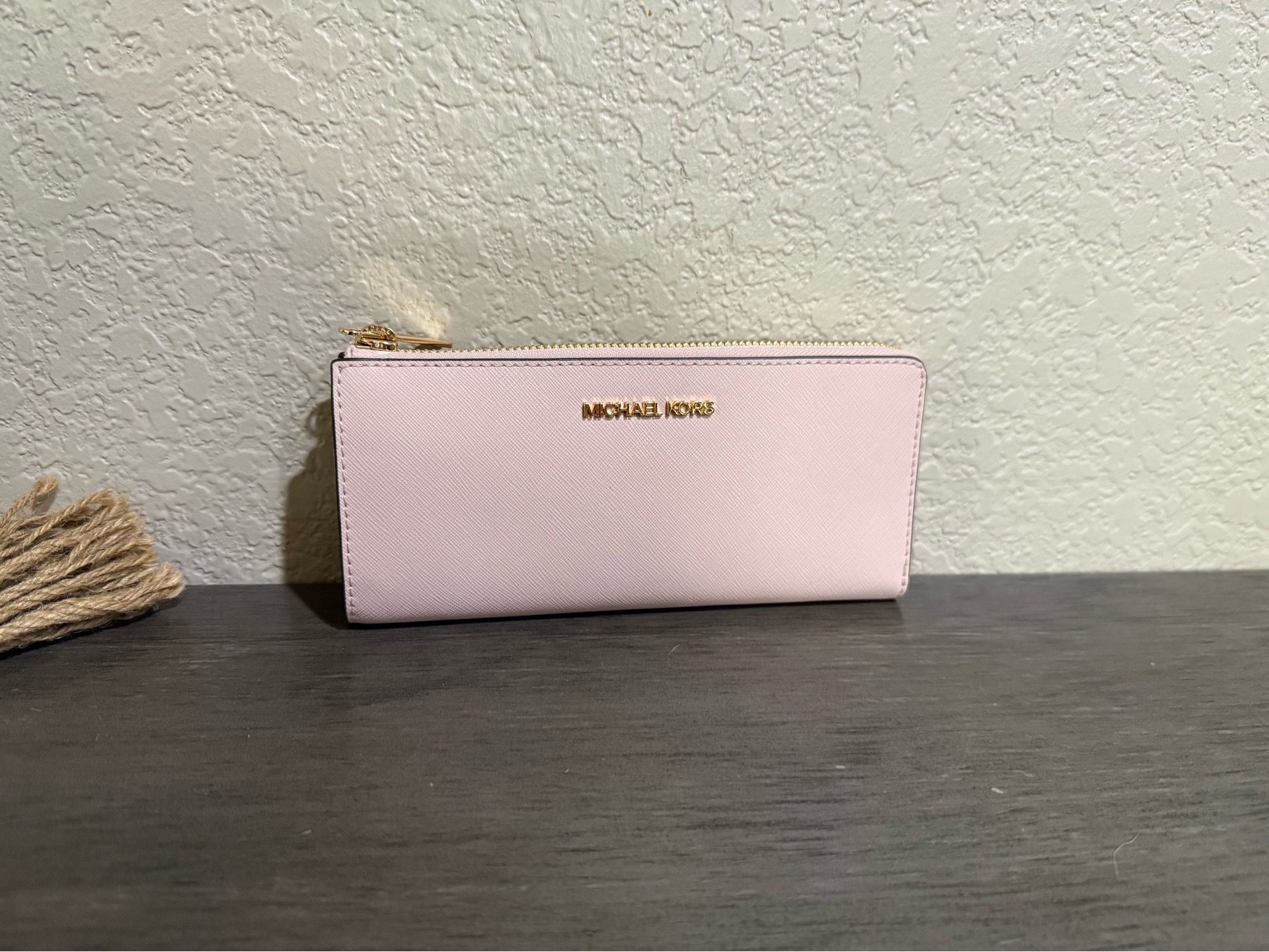 Michael Kors Light Pink Saffiano Zip Around Wallet with Gold Logo