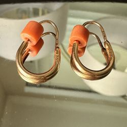 Vintage Soviet 14K (583) Gold & Natural Coral Drop Earrings, USSR Hallmarked