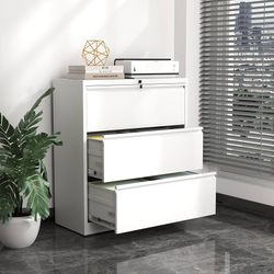 Metal Lateral File Cabinets with Lock,3 Drawer Filing Cabinets for Home Office, Steel Wide Filing Organization Storage Cabinets for Hanging Files Lett