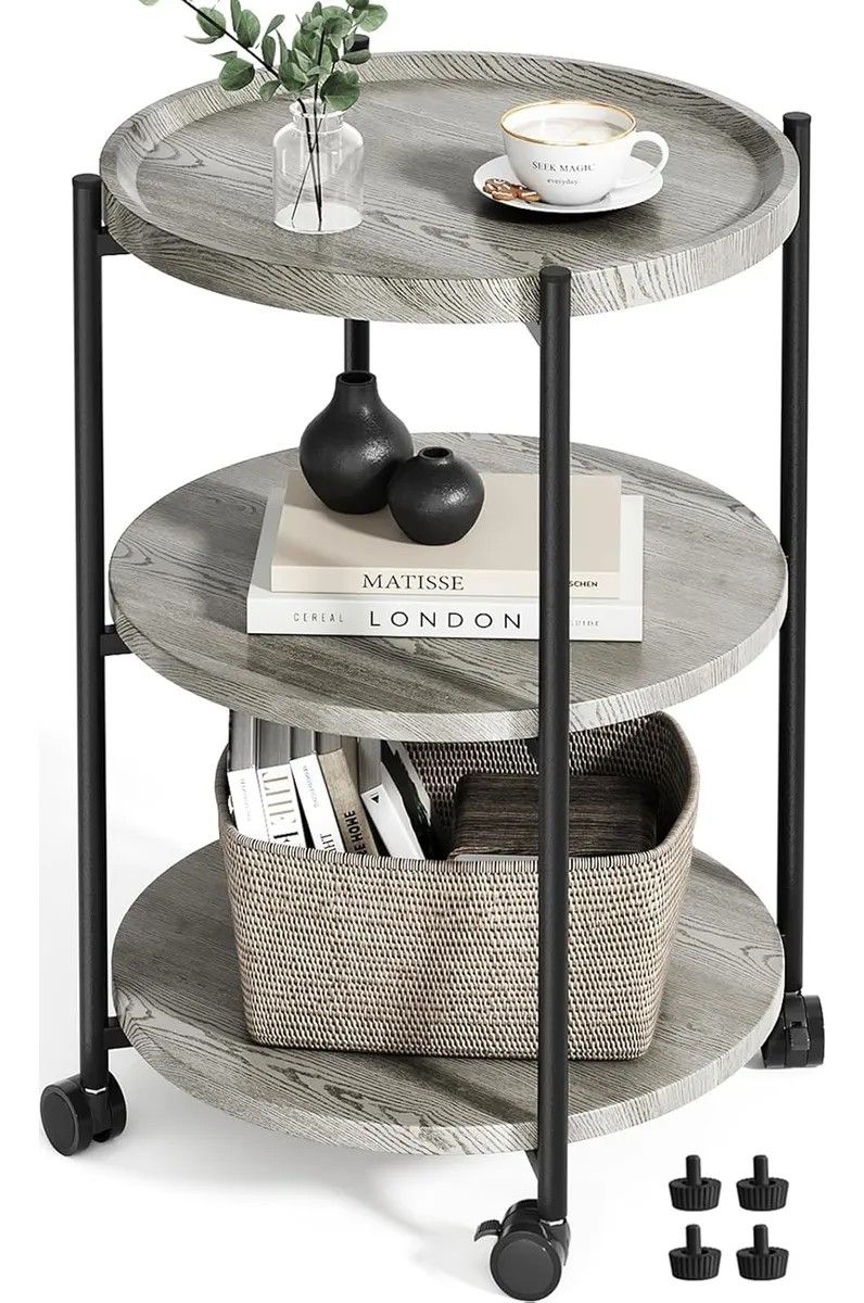 3-Tier Modern End Table with Wheels, Small Side Table Nightstand Bedside Table for Living Room,