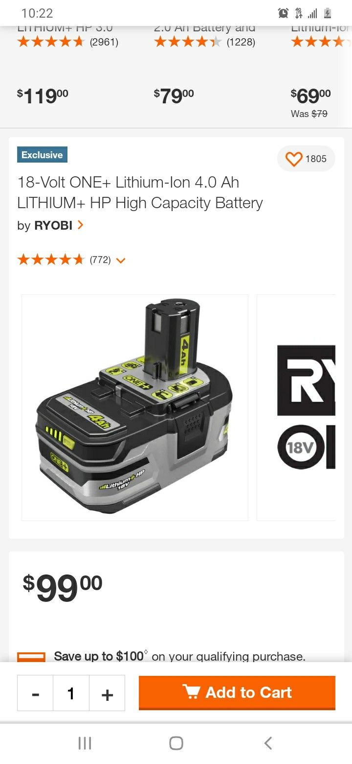 Ryobi 4 Hr Battery