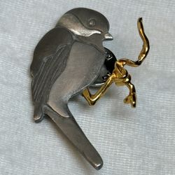 Vintage Pewter Shields Chickadee Bird on Branch Tac Pin 