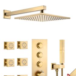 Shower Faucet Set Brushed Gold Shower System with 6 PCS Body Jets(2 Inch),Push Button Diverter Shower Fixtures with 2 in 1 Handheld,10 Inch Shower Hea