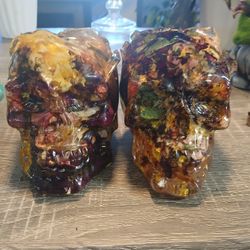 Resin Skull Planter/ Pen Holder Handmade With Dried Flowers