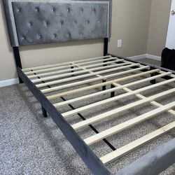 Grey Velvet W Diamonds Platform Bed Frame Queen Size 