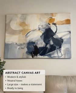 Large Abstract Canvas Wall Art – Neutral Blue, Beige & Gold