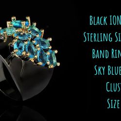 Stunning Sky Blue Topaz Cluster Ring, Black Silver, Sz.10..NOW $19.!!
