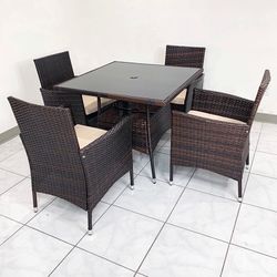 (Brand New) $250 (5-Piece) Wicker Dining Set Indoor Outdoor Patio Furniture 35x35” Glass Table w/ Umbrella Cutout, 4 Chairs