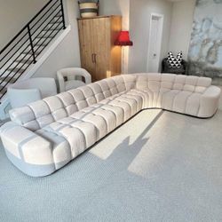 Free Delivery! NEW! AllModern Curved Sectional Sofa in Creamy Ivory Oyster Performance Bouclé Fabric, Stain-Resistant (Retail $6,000)