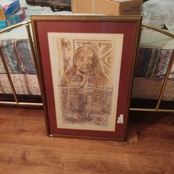 Framed Hand Colored Rubbing Of The Indian Short Bull  Signed By Tampa Artist Testa=Secca 22.5 Inches By 32 inches  