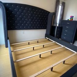 New Soft Fabric Bed Frame With Crystal Tufted Headboard & Nailhead Trim