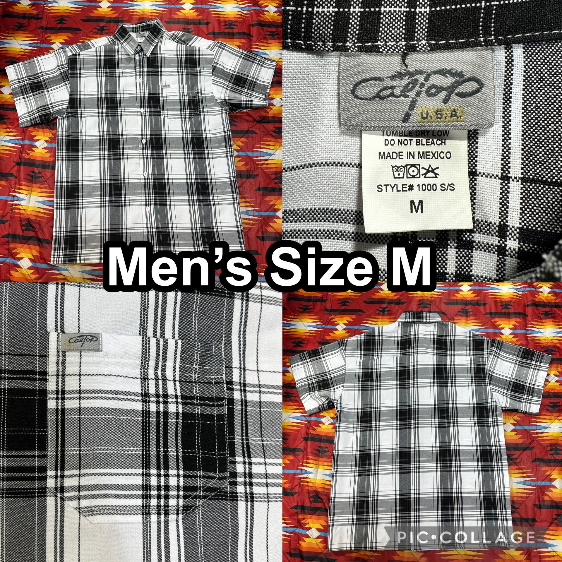 Caltop Shirt Men's Medium Black White Plaid Vintage Short Sleeve Button Up