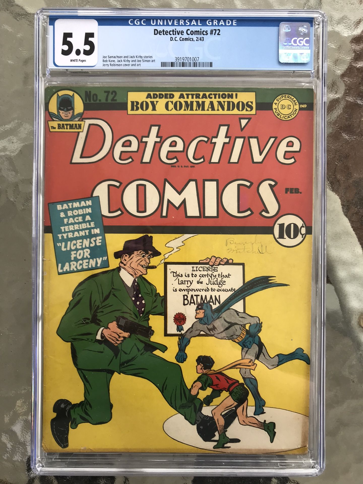 Detective Comics #72 (1943) CGC 5.5 — White Pages; Jack Kirby & Bob Kane