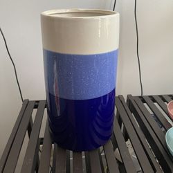 Ceramic Tri Color Vase Dark Blue Light Blues And White.