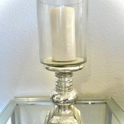 Glass Handmade Turned Style Pillar Hurricane with Faux Mercury Glass finish  with candle 