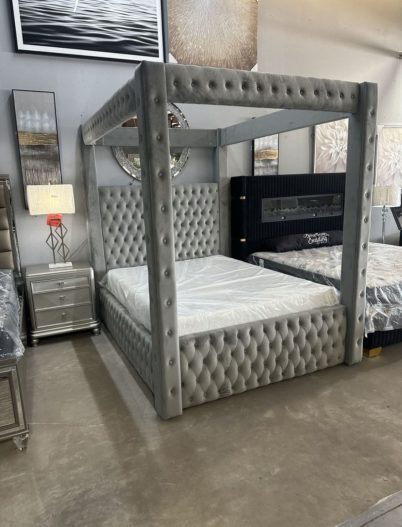 Castle Grey Platform Canopy Queen Bed 😍 Financing Available💰