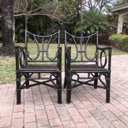 Mid Century Black Lacquered Rattan Pagoda Armchairs 