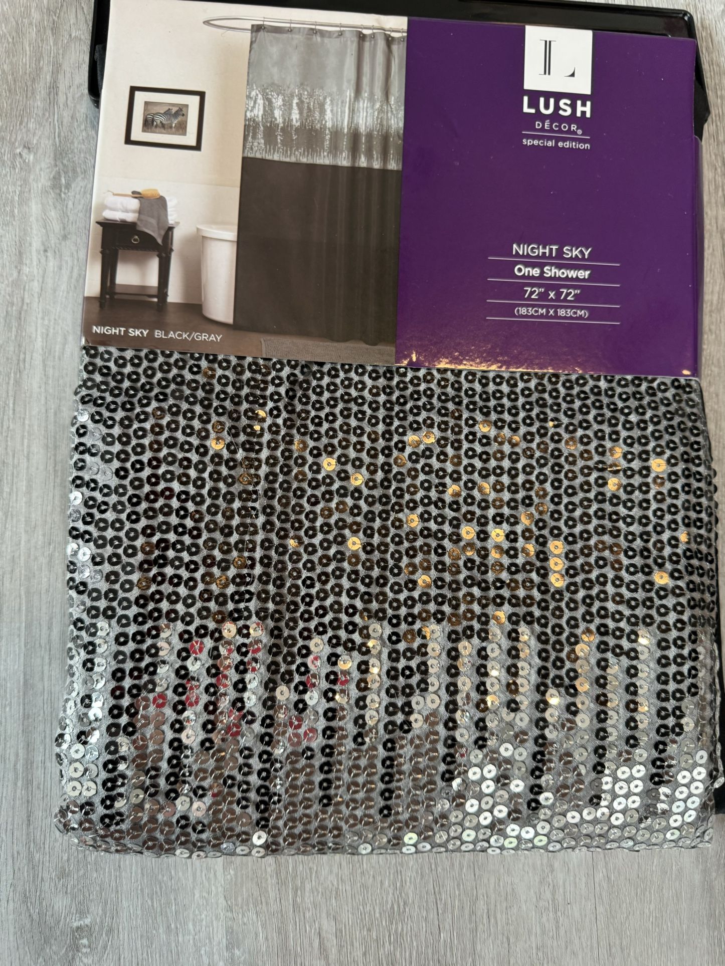 Brand new 72x72 Black And Silver shower curtain,if posted it’s available. Only msg for pickup