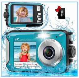 4K Underwater Camera 16FT Waterproof 64MP Dual-Screen with 32GB Card